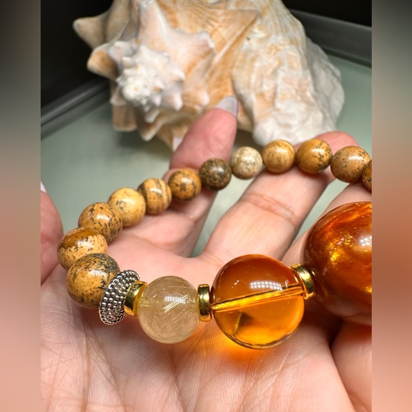 PICTURE JASPER + CITRINE + WILLOW SEA CORAL  NATURAL STONE BRACELET size 7” - Picture 8 of 13